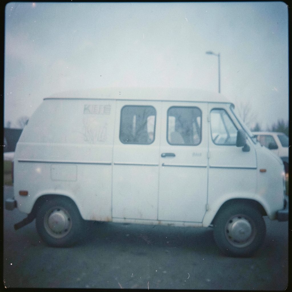 Ein stimmungsvolles analoges Foto mit sichtbarem Korn: eine ruhige Landstraße, die sich durch sanfte grüne Hügel windet, unter einem weiten, leicht bewölkten Himmel in gedeckten Blau- und Grautönen.